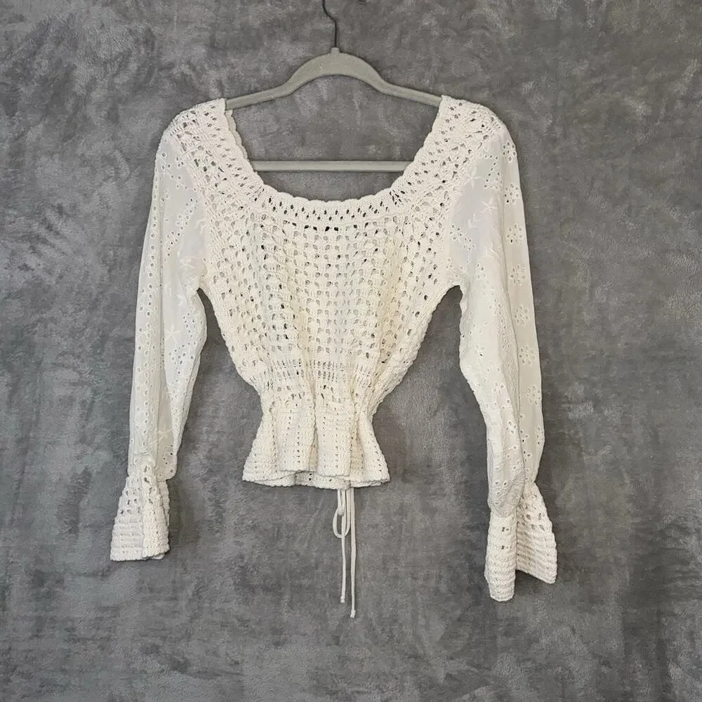 ZARA Eyelet Crochet Long Sleeve Top Size Small Boho Cottagecore Festival NWT